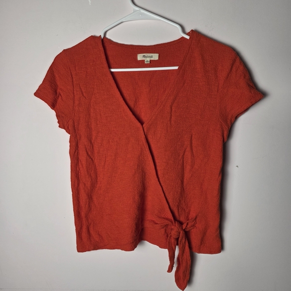 Madewell Tops - Madewell Red Wrap Top Tie Front Blouse Cotton Short Sleeve Summer XS